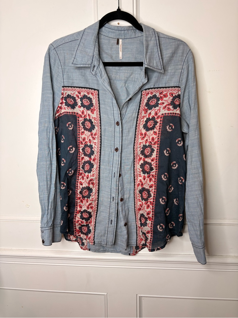 Free People Light Blue Button-Down Shirt with Navy and Red Floral Panels